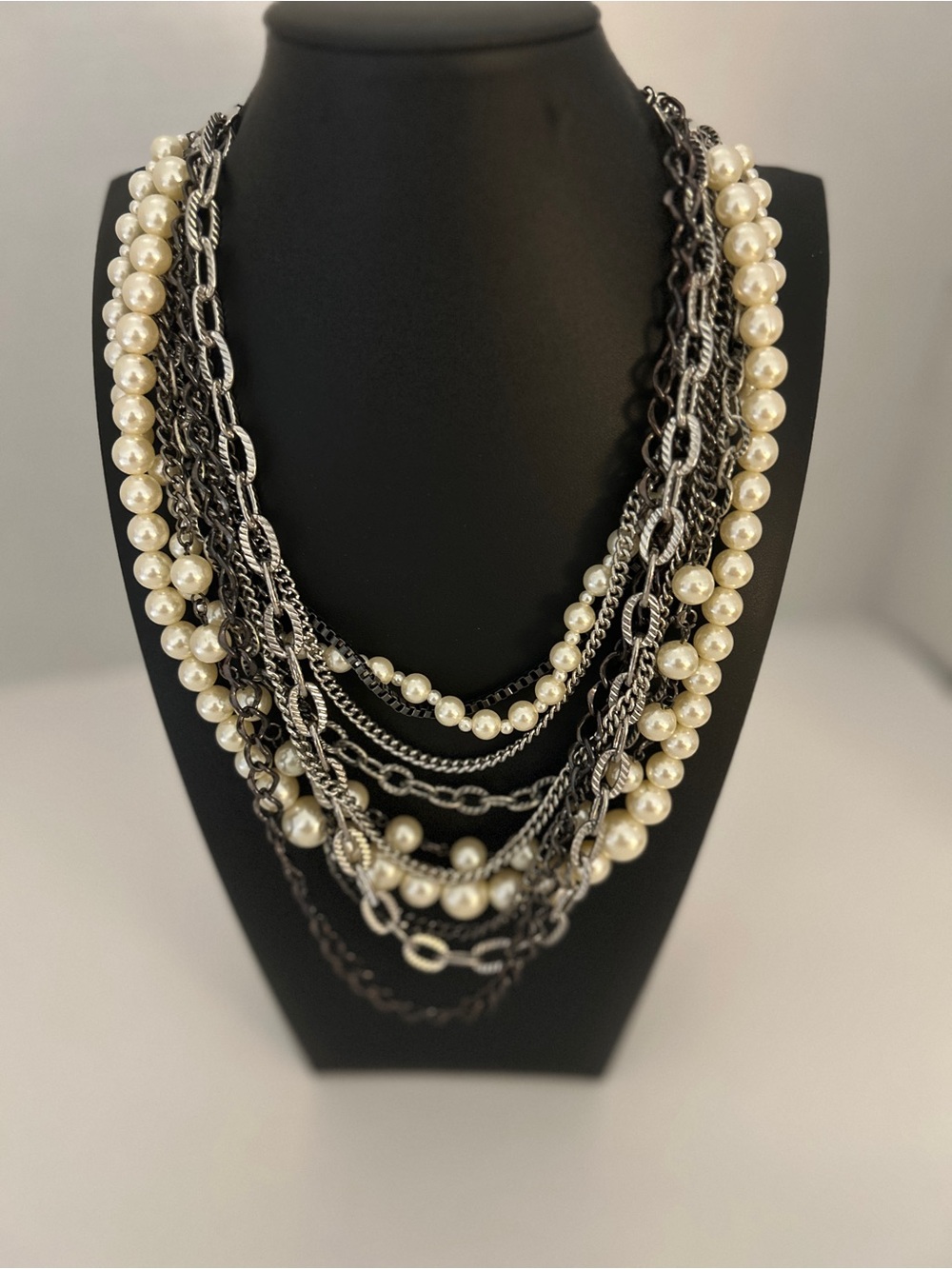 bebe Cream Pearl Multi-Strand Necklace with Dark Metal Chains